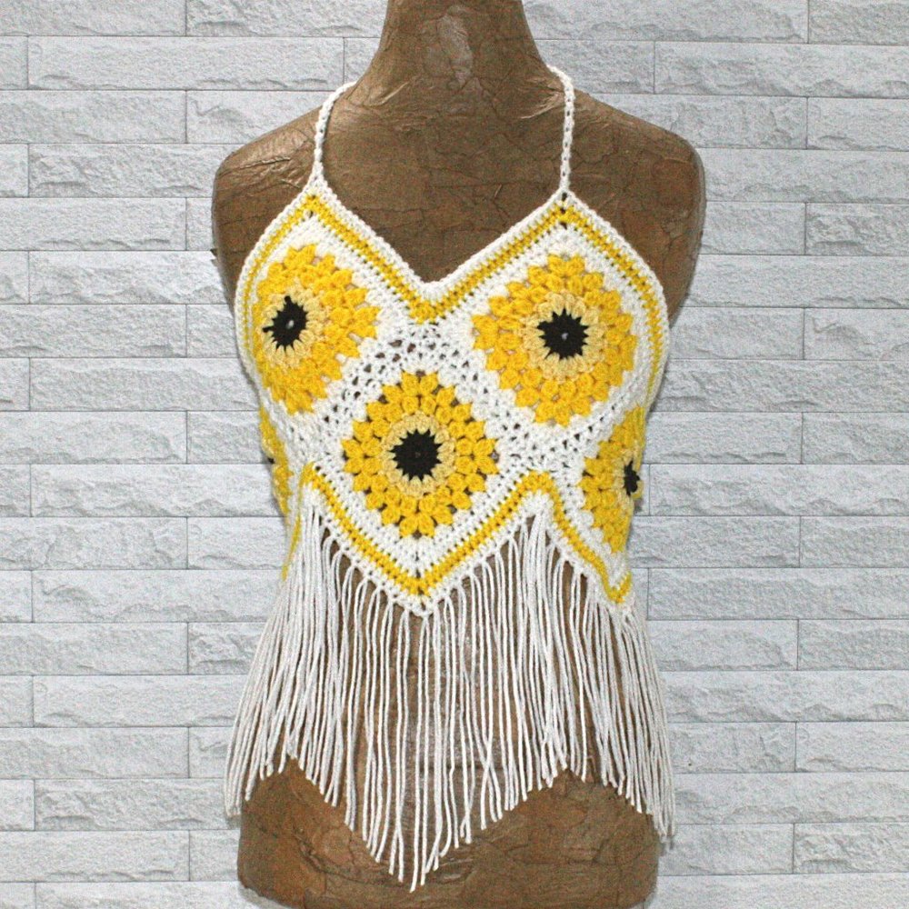 HAND CRAFTED Crop Top Sunflower Crochet Fringe Granny Square Yellow Various